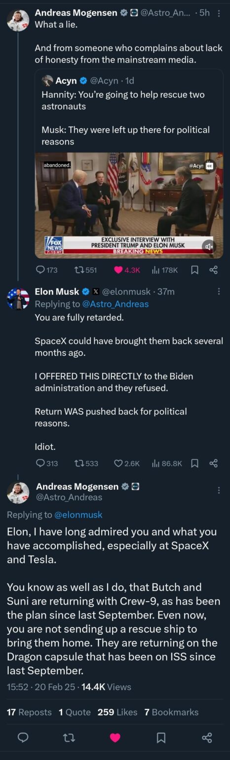イーロン・マスクは、マスクの嘘を展示した後、デンマークの宇宙飛行士アンドレアス・モーゲンセンを「完全に遅らせた」と呼びます。