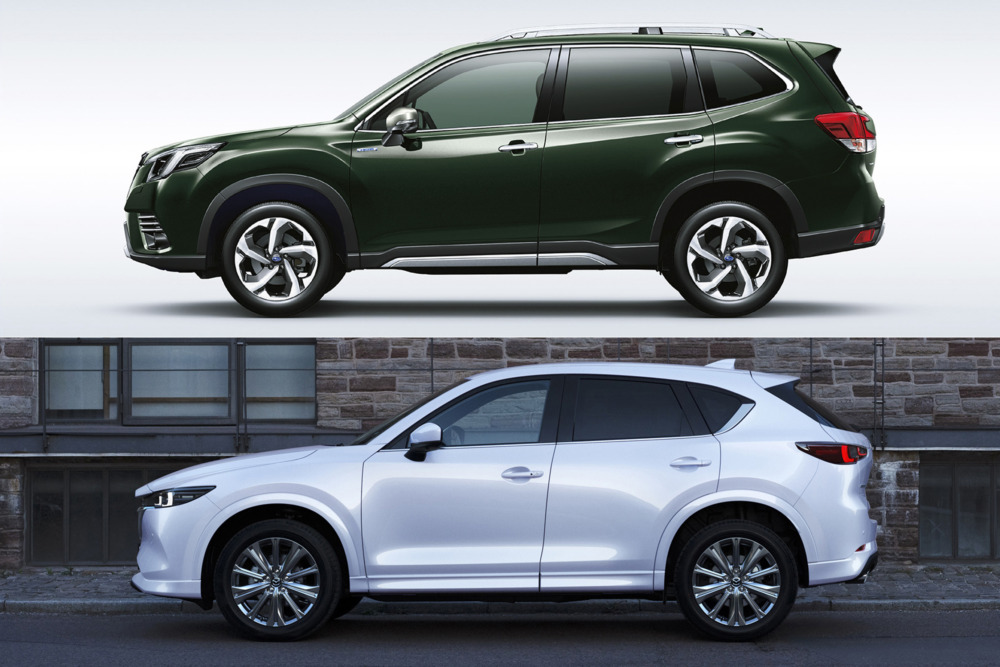 スバル・フォレスターとマツダCX-5のサイドビューでの比較。キャビンとロアボディの比率の違いが分かる。スバルは視界の良さや室内の広さを重視したパッケージングを採用している。