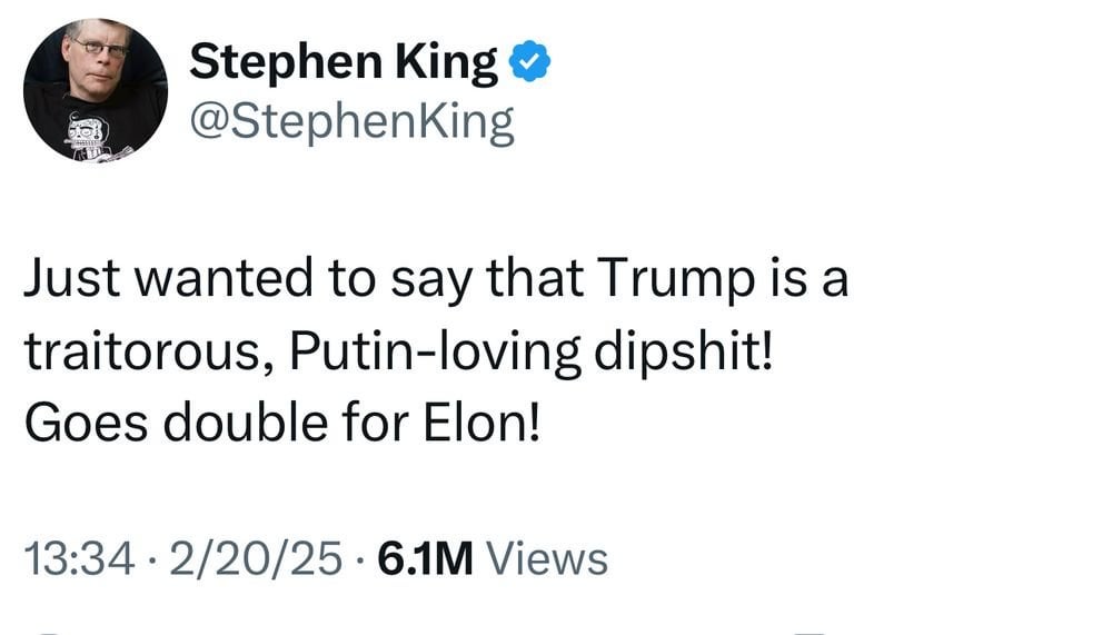 スティーブン・キングはプーチンに同情するトランプとムスクの裏切り者に電話します - 彼はXの帰りの投稿に書きました