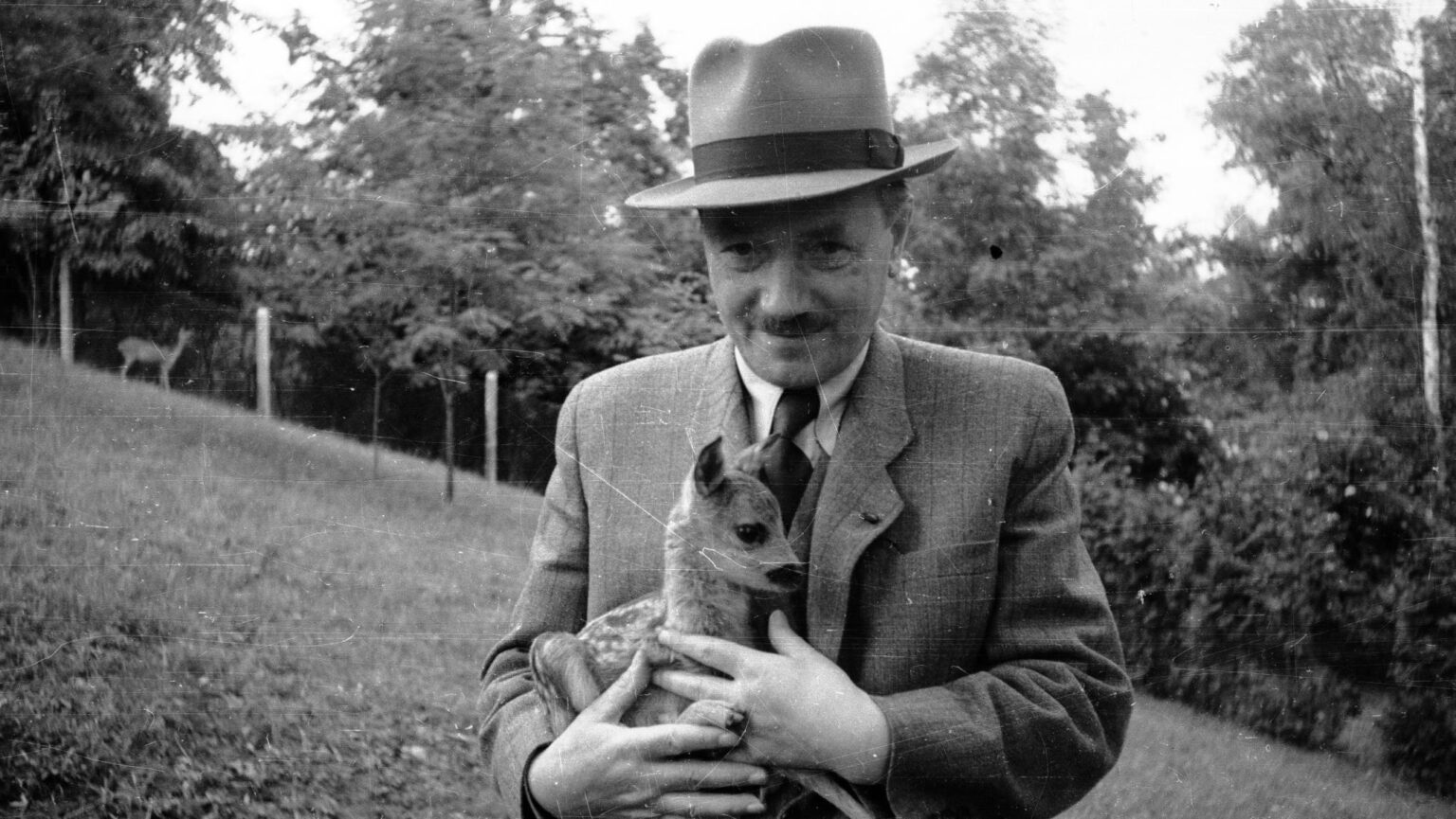 WW2の後の最初のポーランド大統領 - 公園で子鹿になったBolesławBierut、1947 [2038x1148]