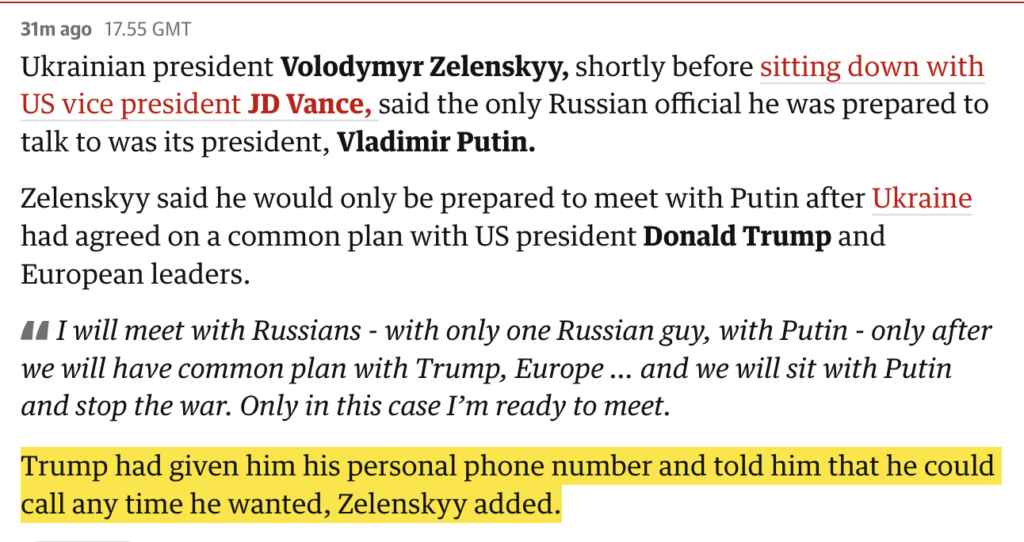 Zelenskyyは、共通計画が合意した後、プーチンに会う準備ができており、トランプが彼に個人的な電話番号を与え、いつでも電話をかけることができると言ったと付け加えました。