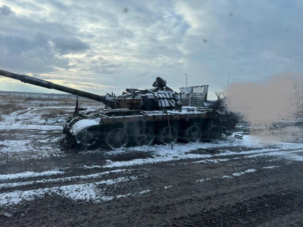 ドネツクオブラストで破壊されたロシアのT -62Mメインバトルタンク（MBT） - 東部戦線。