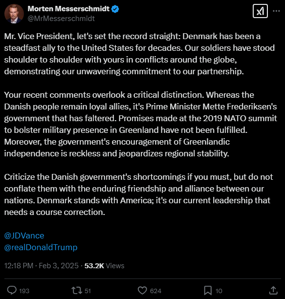 Messerschmidtは、全国の外交チャネルを歩き回り、XでトランプとJDヴァンスに直接話します。