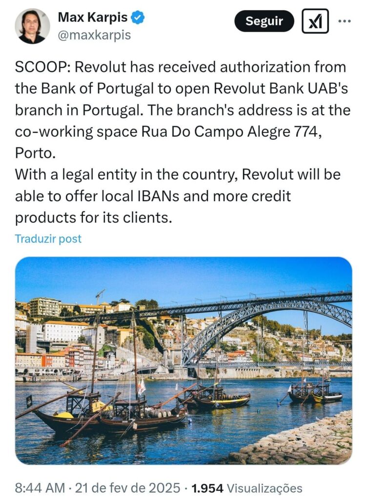 Revolutは、ポルトガルにRevolut Bank UABの支店を開くポルトガル銀行から認可を受けています。