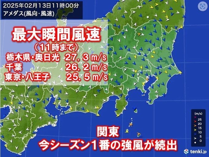 関東で今シーズン1番の強風が続出 千葉や東京・八王子で最大瞬間風速25メートル超