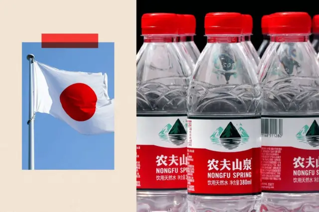日本国旗とミネラルウォーター「農夫山泉」のボトル