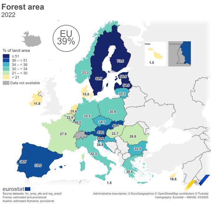 2022年の森林地帯。 EUで3番目に低い