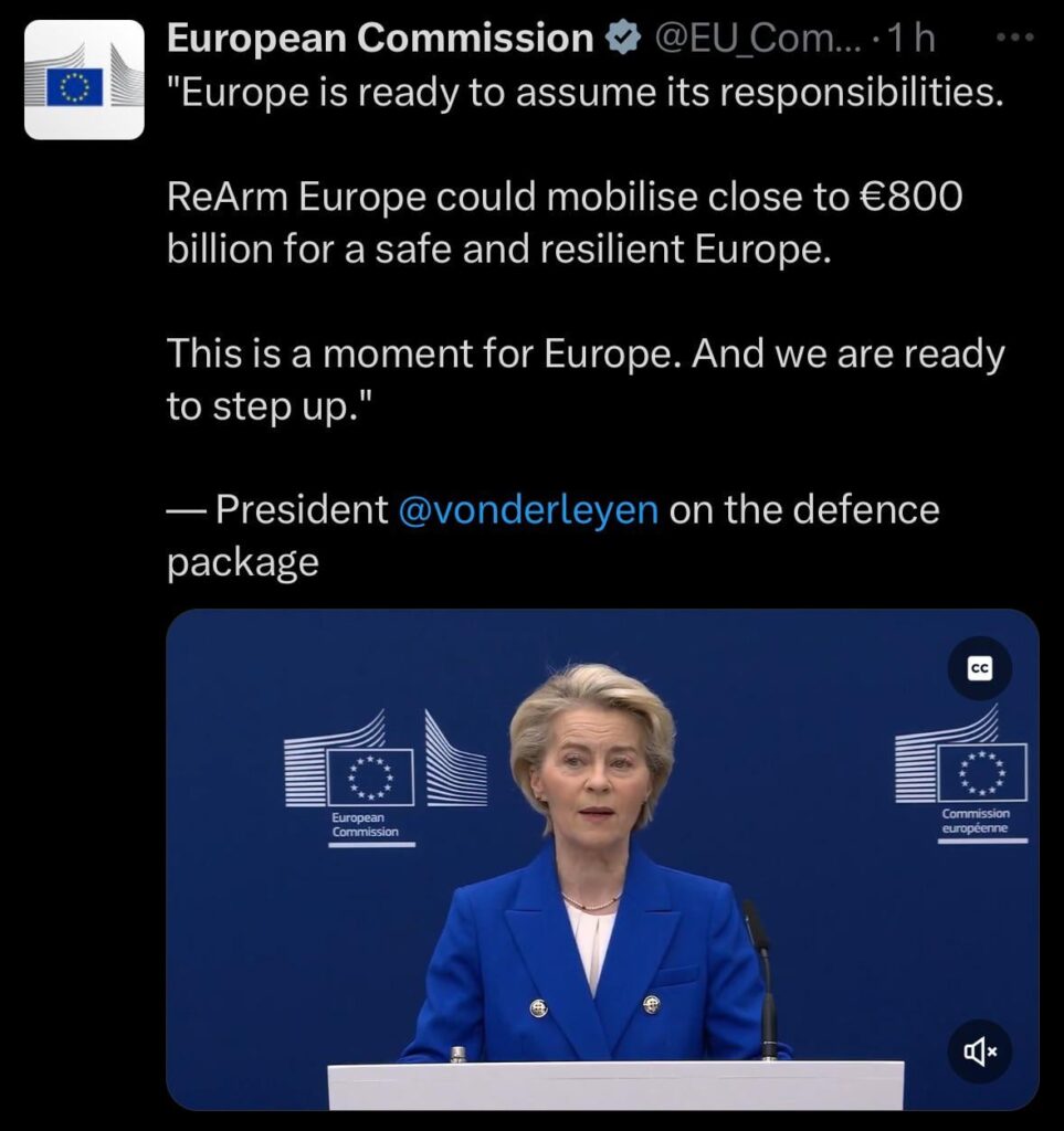 EU委員会の大統領であるウルスラ・フォン・デル・レイエンは、EUに8,000億ドルを投資すると述べた。武装のEUへのユーロ。