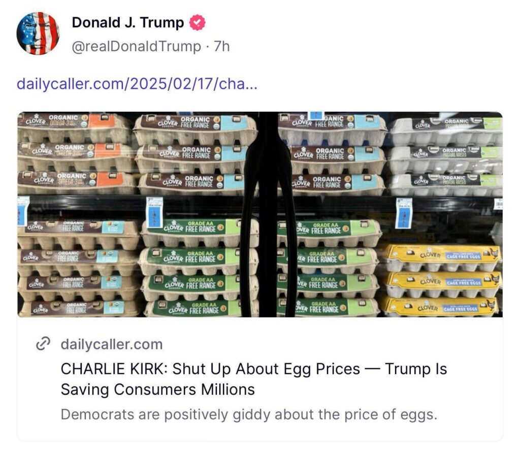 トランプ大統領、「卵の価格については黙れ」と訴える記事を自身のSNSにリポスト