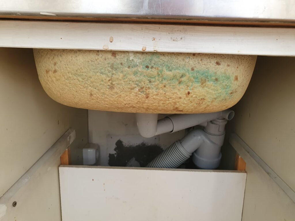 古い金属製のキッチンシンクの底にあるこの硬い層とそれがどのように起こったのか推測できますか？アパートに引っ越した後、これを見つけました。私は乾燥したペーパータオルでそっとこすりましたが、ペーパータオルにしがみつくものはありませんでした。緑のような型になる可能性がありますか？それは健康上の懸念ですか？