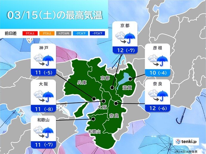 明日15日(土)　天気は下り坂　お出かけには上着と雨具を忘れずに