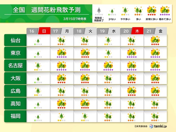 スギ花粉ピーク　16日は少ないが17日から東京など極めて多い　大量飛散いつまで?