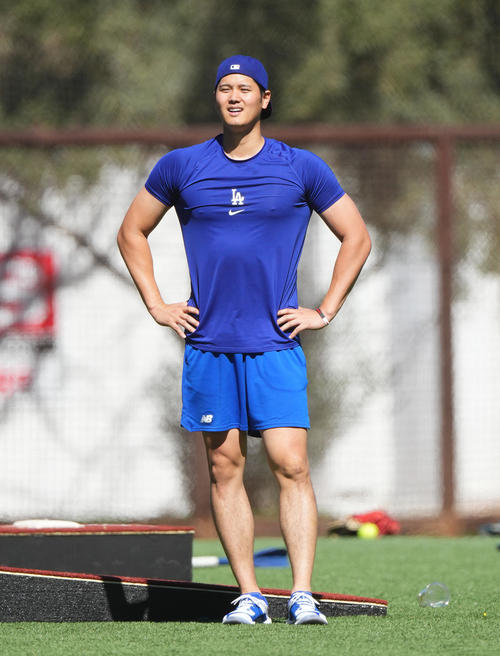 2月22日、トレーニング中の筋肉ムキムキのドジャース大谷（撮影・菅敏）