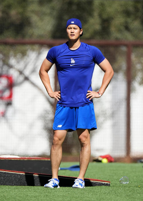 2月22日、トレーニング中の筋肉ムキムキのドジャース大谷（撮影・菅敏）