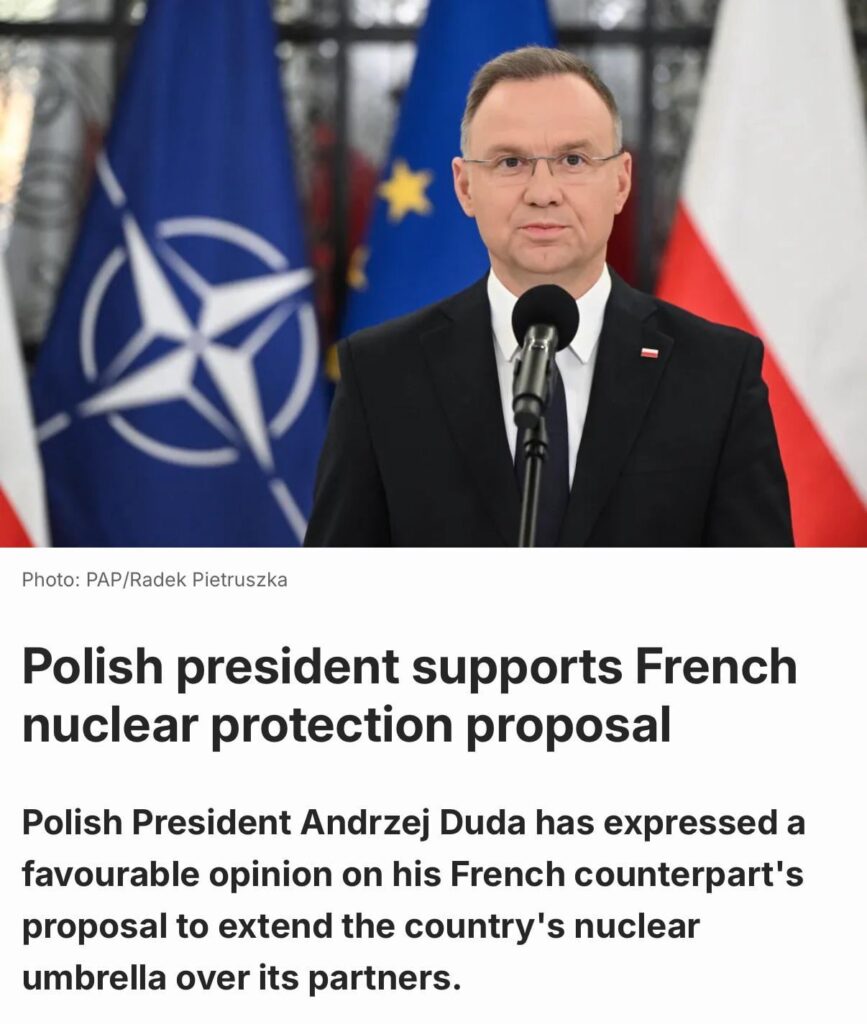 Dudaは、ヨーロッパのパートナーに対するフランスの核抑止力の保護を拡大するというエマニュエル・マクロンの提案と、それが伴うものが議論のために上昇する可能性があると述べた。