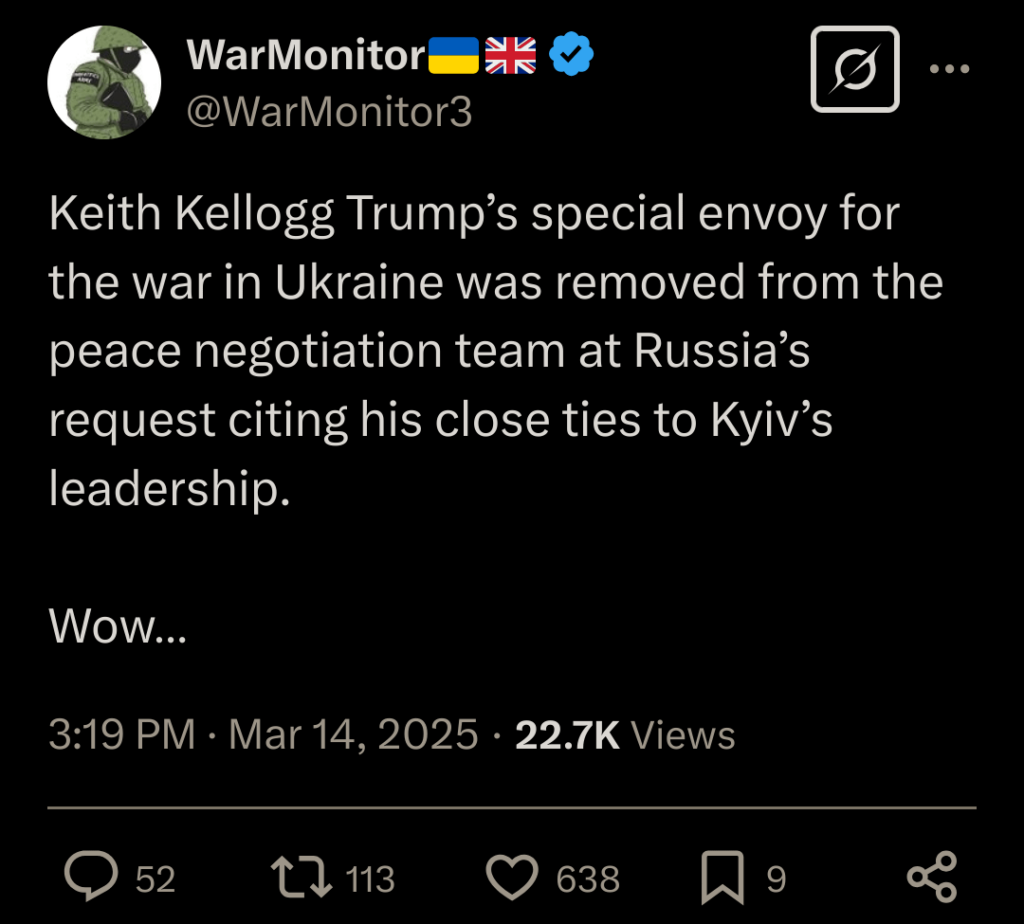 トランプのウクライナの特使であるキース・ケロッグは、彼の「キエフ・タイ」のためにロシアの要求で和平交渉から除外されました
