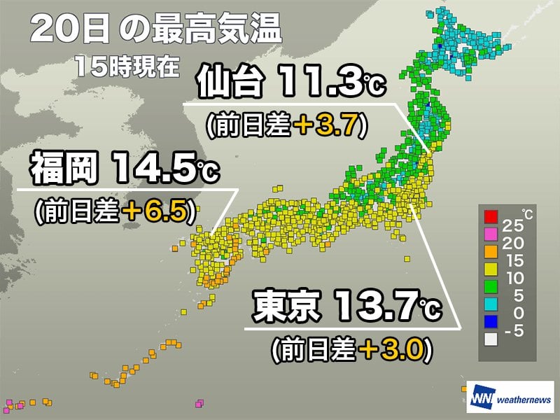 西日本から関東は日差し暖か 明日は20℃に達する所も