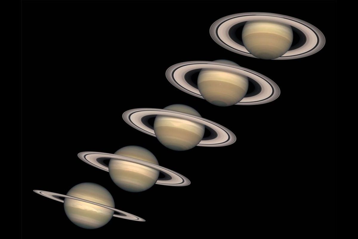 土星が北半球の秋分（左下）から冬至（右上、南半球では夏至）に向かうにつれて、環の傾きが大きくなる様子。NASAのハッブル宇宙望遠鏡が1996～2000年に撮影（NASA and The Hubble Heritage Team (STScI/AURA)Acknowledgment: R.G. French (Wellesley College), J. Cuzzi (NASA/Ames), L. Dones (SwRI), and J. Lissauer (NASA/Ames)）