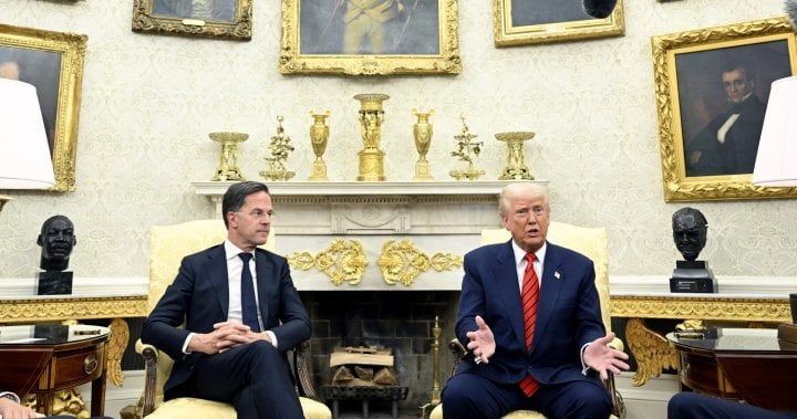 トランプは、NATOチーフの隣にいる間、カナダ、グリーンランドを買収すると脅します
