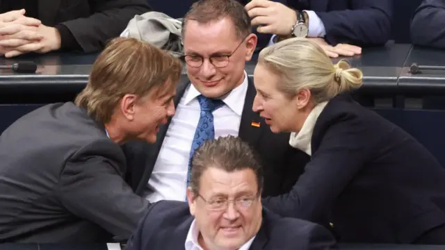 採決の結果を喜ぶ極右政党「ドイツのための選択肢（AfD）」のアリス・ヴァイデル共同党首（右）と議員ら