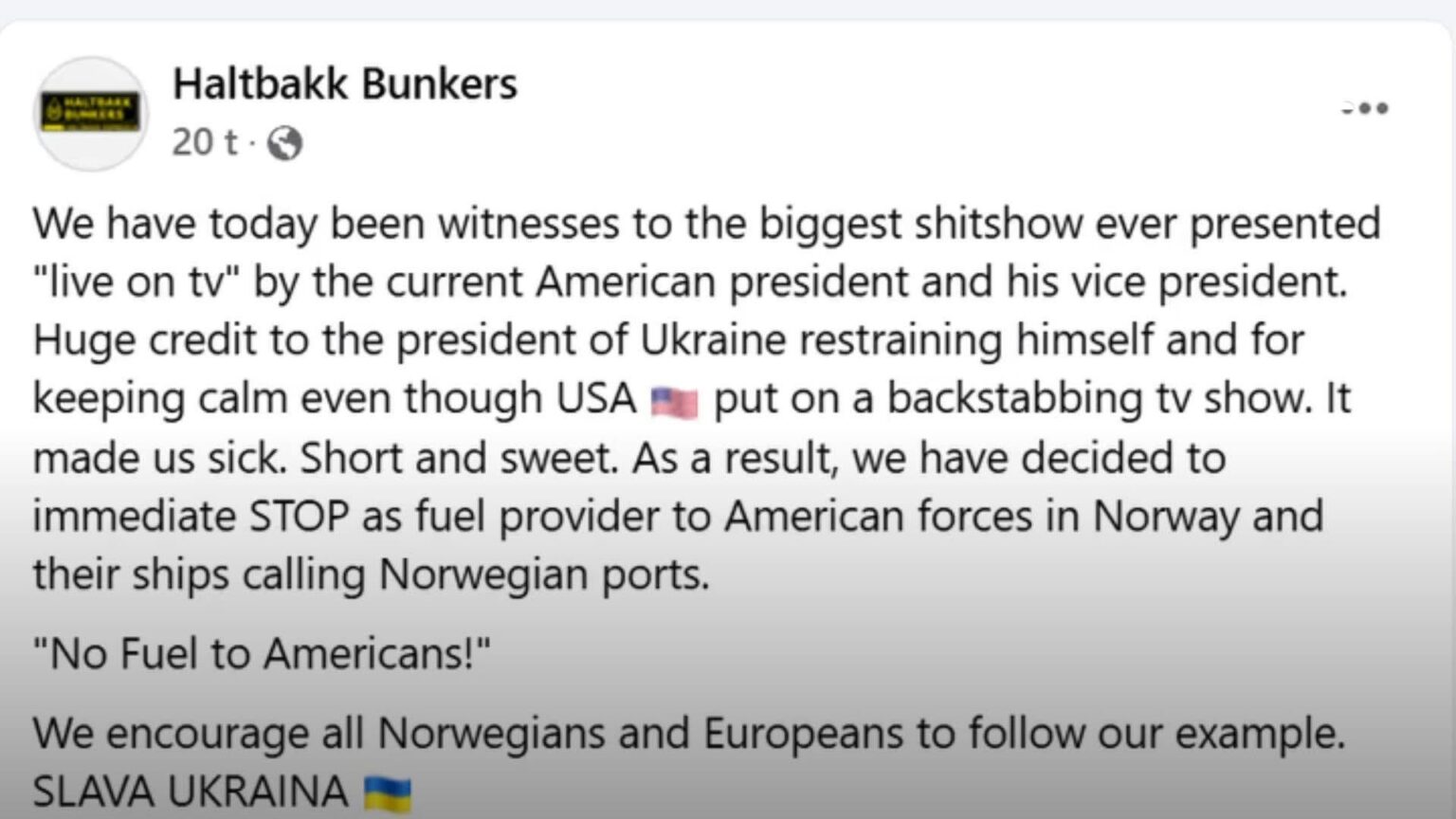 ノルウェーの石油会社は、アメリカ軍に石油と資源を提供することを拒否しています