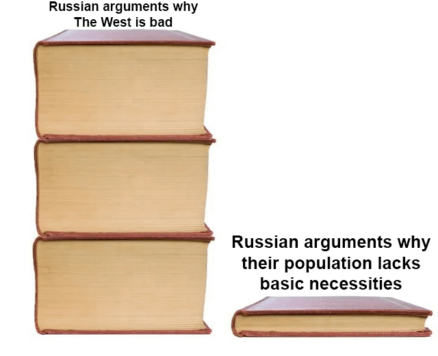 ロシア人は人口の生活の質を向上させることに焦点を合わせることができ、代わりにすべての資源を使って神の知識と戦争を繰り広げます。ロシアはそうし続け、死んで止まらない限り止まらない。