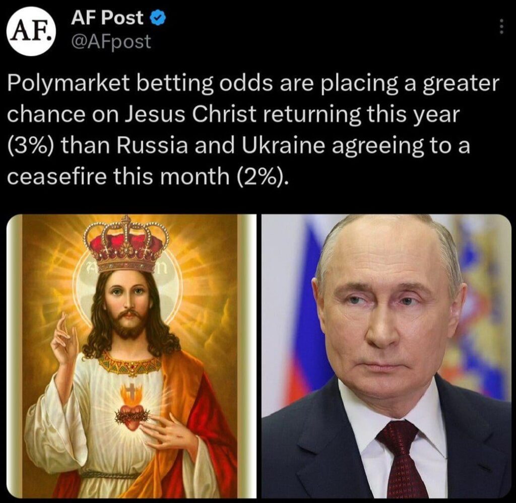 Ru Pov：キリストの帰還は、今月ロシアとウクライナの間の平和よりも可能性が高くなります。これは、最大の予測市場の1つであるPolymarketの意見です。