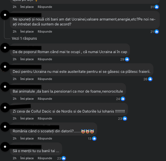 これは、FBのコメントの99％が、ルーマニアがウクライナを支援し続けるというボロジャンの発表でのように見えるものです