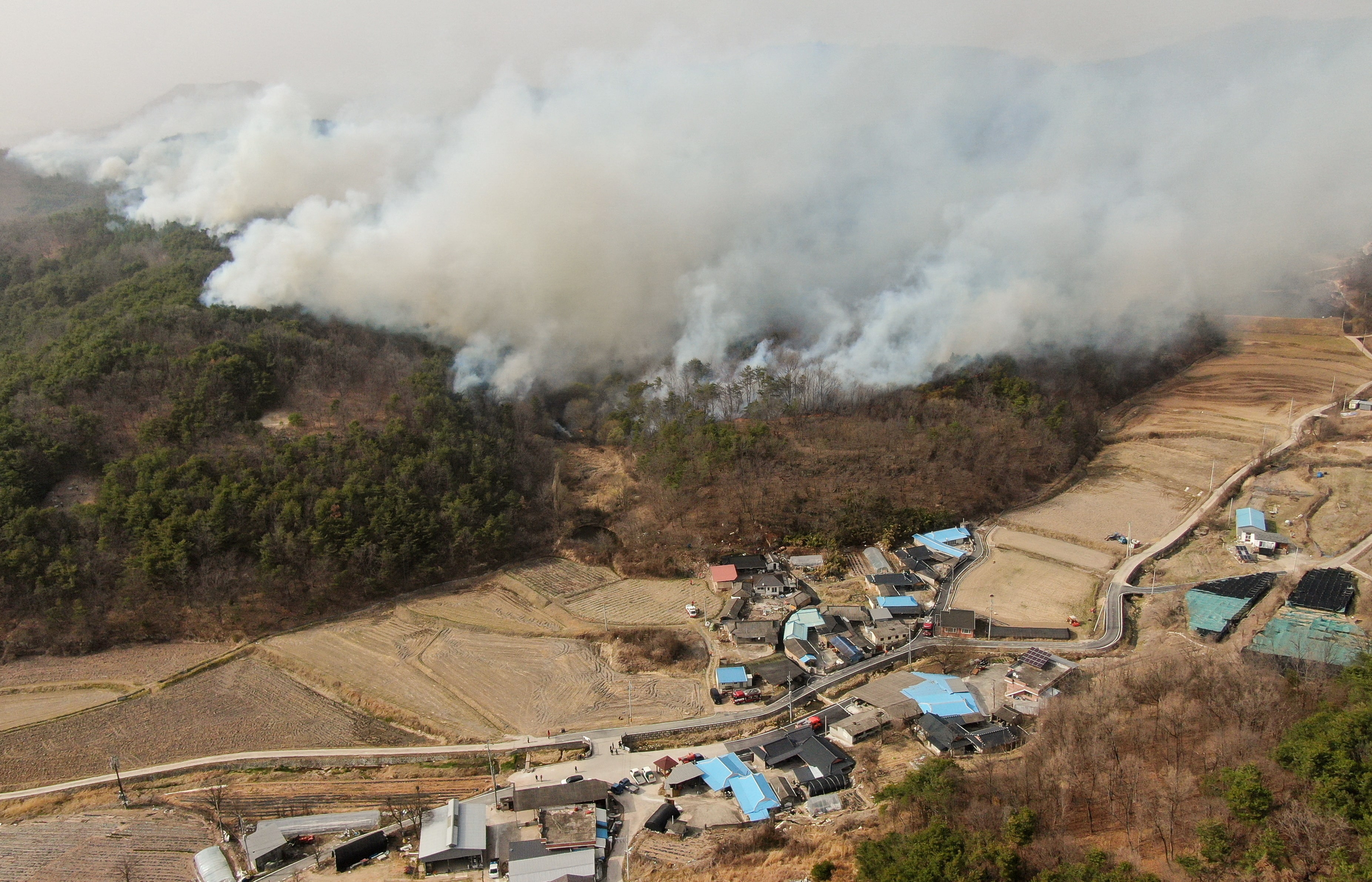 韓国史上最悪の山火事、消火作業続く 前日の小雨で進展に期待