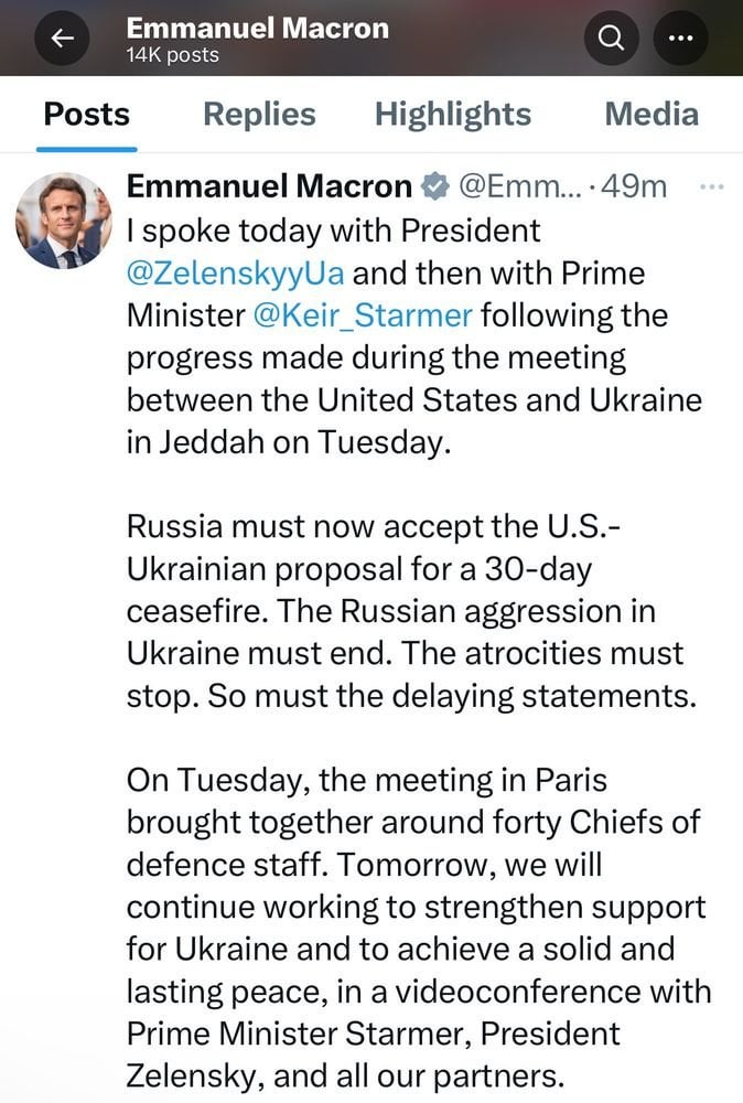 マクロン：ロシアは今、30日間の停戦に対する米国ウクライナの提案を受け入れなければなりません。ウクライナでのロシアの攻撃は終わらなければなりません。残虐行為は停止する必要があります。声明を遅らせる必要があります。