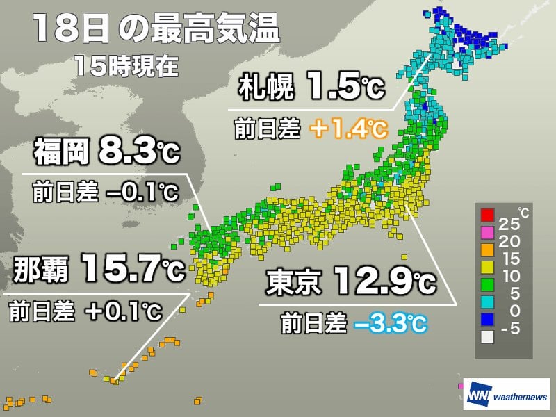 九州や沖縄で真冬のような寒さ続く 関東も昨日より少し気温低下