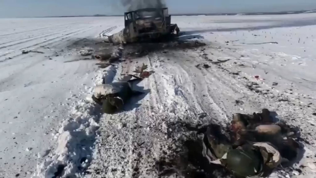 ロシアのPOV：ドネツク地域のノボトロッツケの村の近くでロシア歩兵を運んだ「ローフ」に対するウクライナのFPVドローンストライキの結果。 [Published 19.03.2025, NSFW, graphic content]