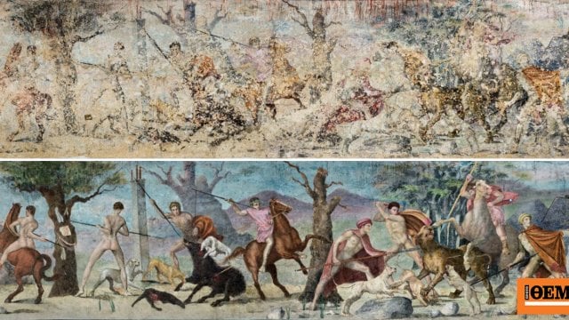 ヴェルギナのフィリップ2世の墓が狩りをしているフレスコが何を狩っていたのか見てください
