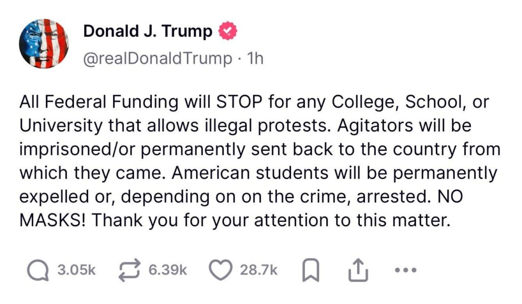 トランプ「抗議活動やってる大学は予算停止！学生は退学！そして逮捕！」
