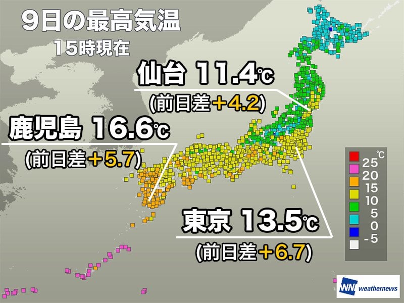 全国的に昨日よりも気温上昇 明日も日差し暖かな一日に