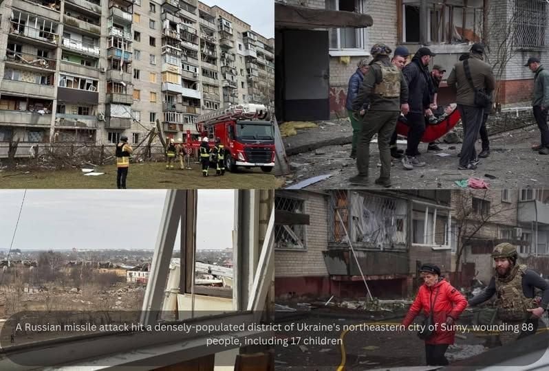 ロシアのミサイル攻撃は、ウクライナのサミに傷を負っています。ロシアのミサイル攻撃は、ウクライナの北東部のスミー市の密集した人口の多い地区に衝突し、停戦会談として月曜日に17人の子供を含む88人を負傷させ、新しいタブが耕されていると当局者は述べた。