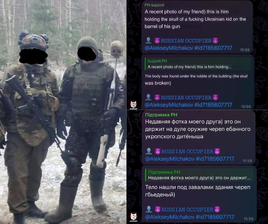 ロシアの兵士は、ウクライナの子供の頭蓋骨と写真を撮りました。さらに、ユーザーの1人がこの写真でコメントし、最近彼の友人に撮影されたとコメントしました。彼は、この頭蓋骨が建物の瓦bleの下で発見されたと言い、彼の友人は写真にそれを使うことに決めた。