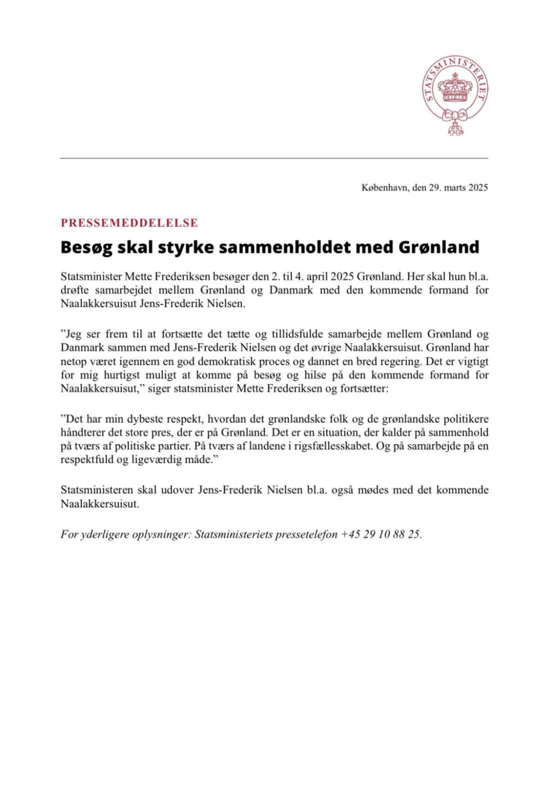 国務省：Mette Frederiksenは、4月上旬に3日間グリーンランドと新しいグリーンランド政府を訪問します
