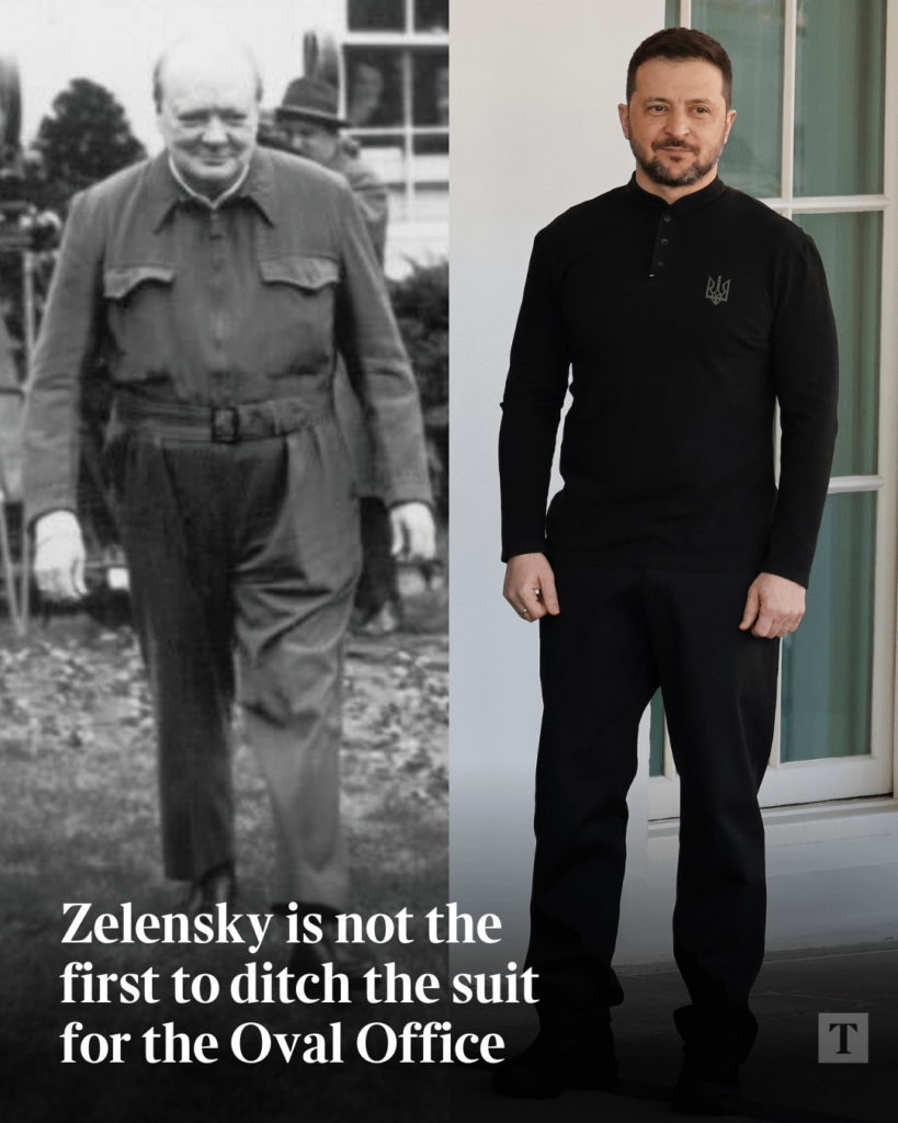 ゼレンスキーは、楕円形のオフィスの訴訟を捨てた最初の人ではありません。チャーチルは1944年にドワイトアイゼンハワー将軍に会うためにサイレンスーツを着ていました
