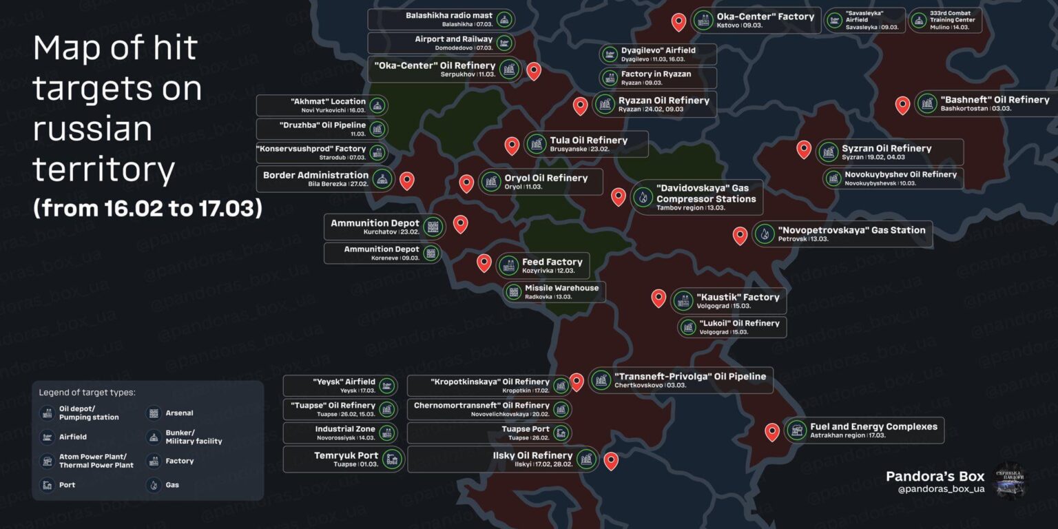 過去1か月間、ロシアの領土でのUAV攻撃の成功の地図、Pandora's Box