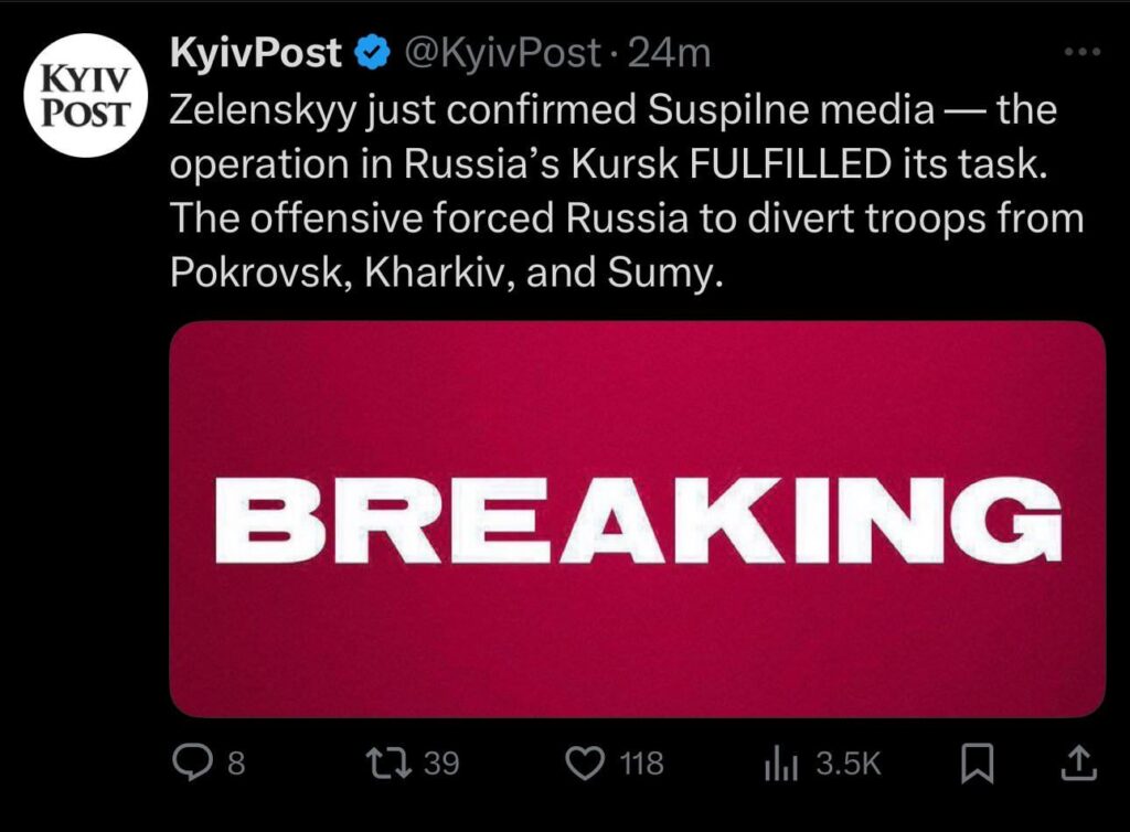 Zelenskyは、Kurskの操作がそのタスクを果たしたと発表しました