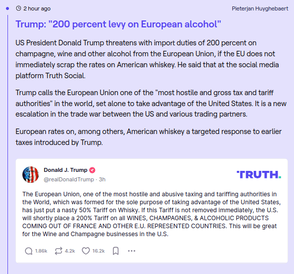 トランプ：「ヨーロッパのアルコールに対する200％の課税」。それはベルギーにどのように影響しますか？