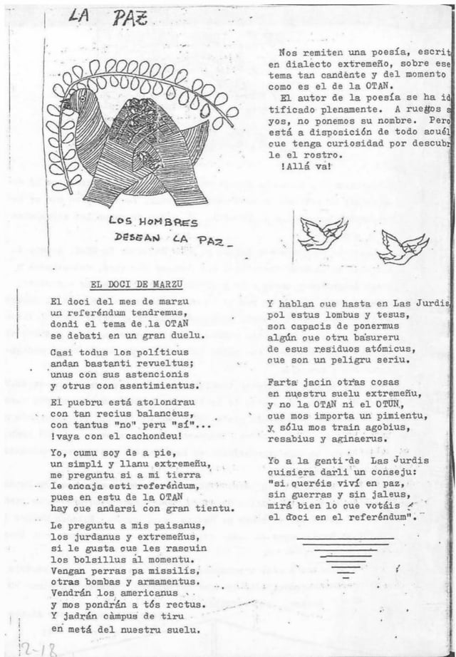 NATOの国民投票について、Nuñomoralの学生によってEstumñuで書かれた反省。 Brozo Y Pizarra School新聞（n.2-018）からの抜粋、1986年。