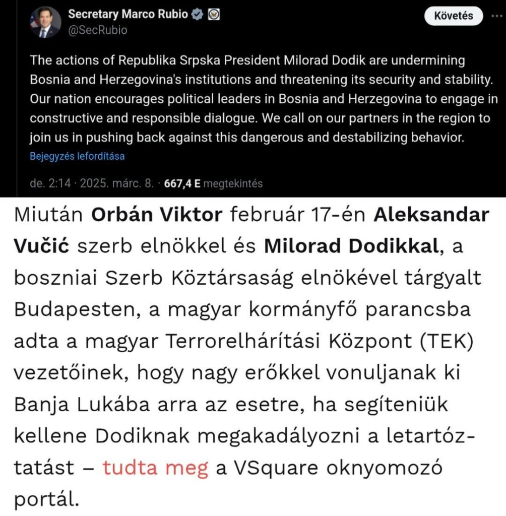 米国外相によると、ミロラド・ドドッドはボスニアの安全性と安定性を脅かしています。ドディクはオルバンとプーチンのレギュラーゲストです。