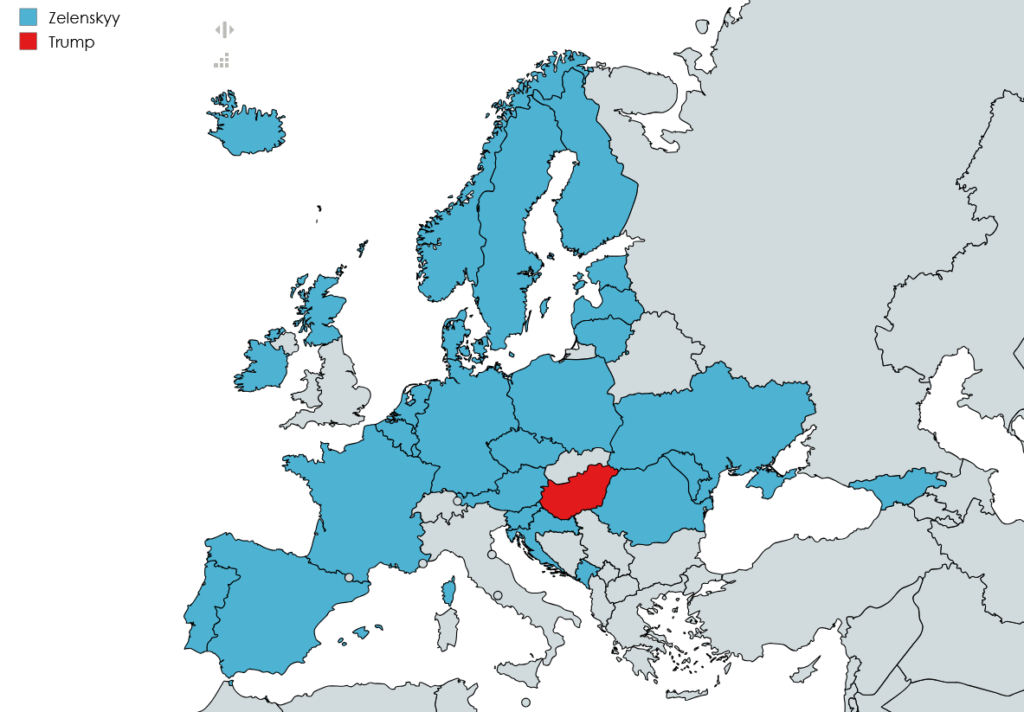 ヨーロッパ諸国がこれまでゼレンスキーとトランプに対する公式の支持を約束した地図