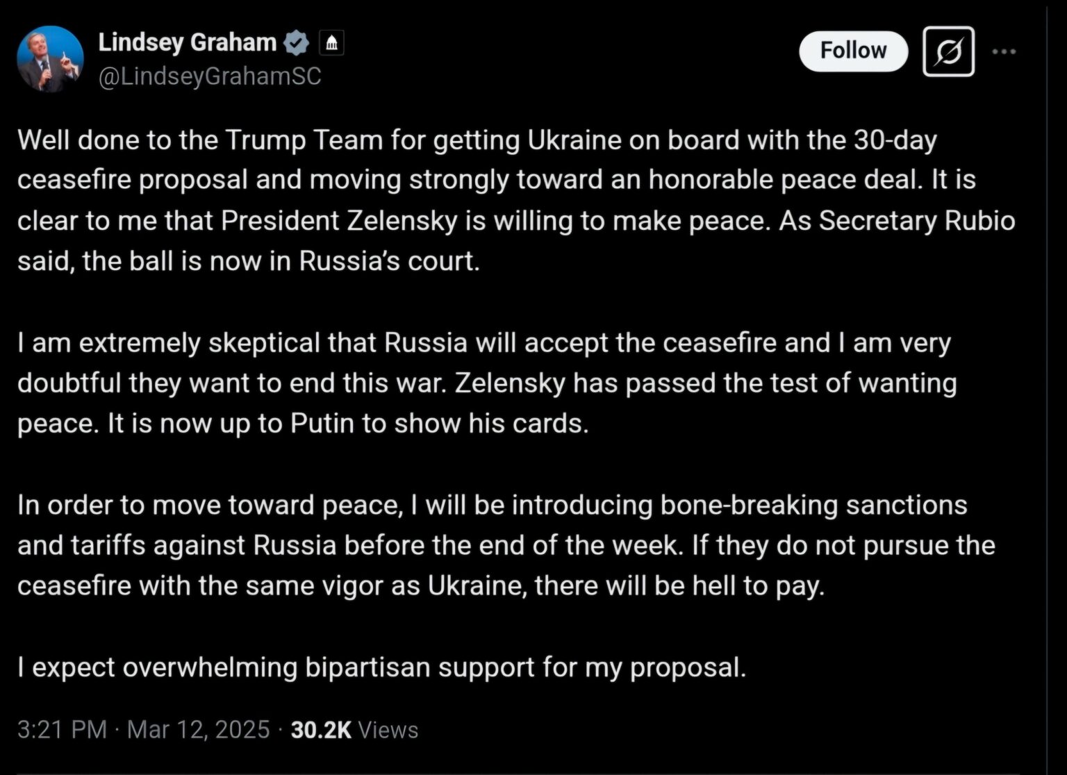 共和党の上院議員：私はロシア人が停戦に入るのに非常に懐疑的です。週の終わりまでに、ロシアに対する残忍な制裁と義務を提案します