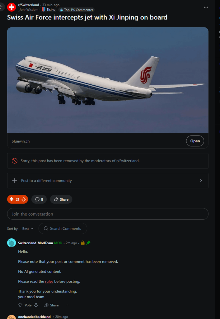 R/Switzerland ModsコミカルなAI生成されたコメントのために投稿を禁止...なぜ投稿を削除するのですか？