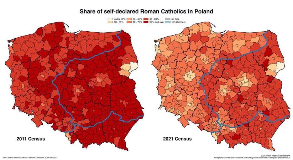 ポーランドで自己宣言されたローマカトリック教徒のシェア：