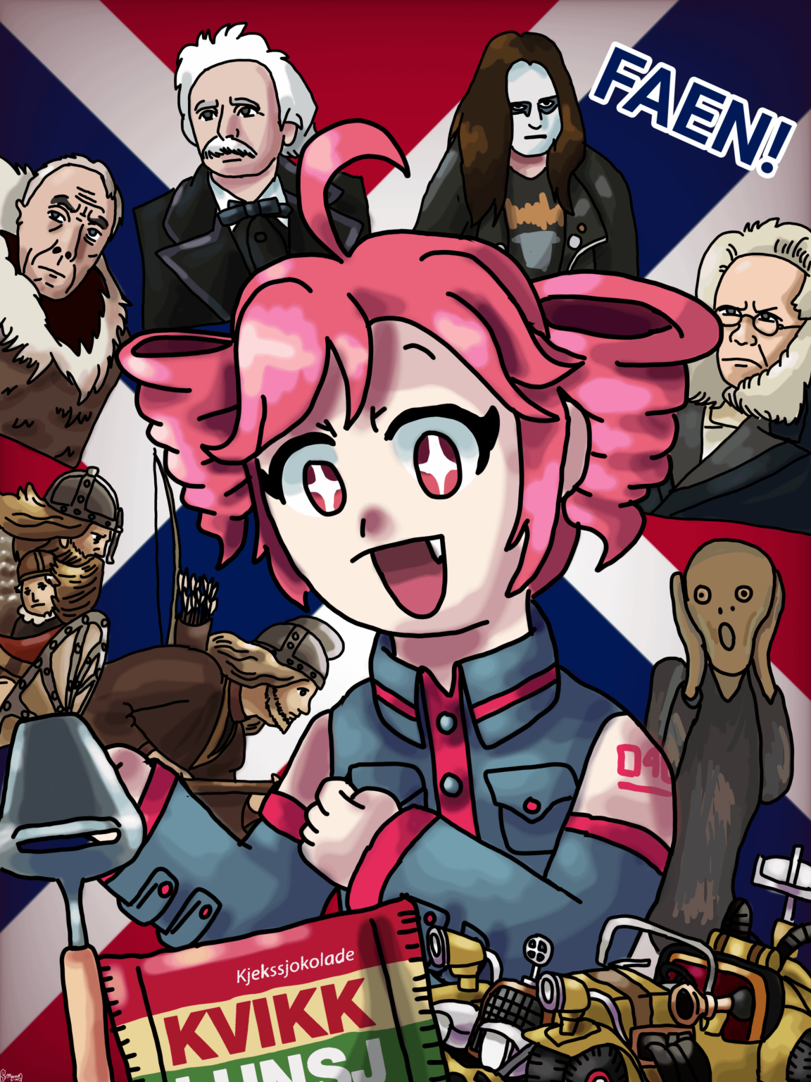 Kasane Teto（真ん中の少女）はノルウェーを愛すると述べられているため、この絵を描いた。