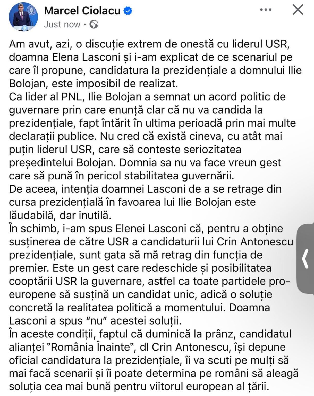 Marcel CiolacuはElena Lasconiの申し出に返信します